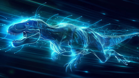 A neon-blue, digital T-Rex appears to be running, surrounded by dynamic light trails on a dark background.の素材
