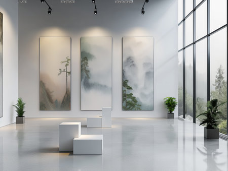 A modern art gallery with large nature paintings, minimalist white seating, and potted plants Floor-to-ceiling windows offer a view of the outside greeneryの素材
