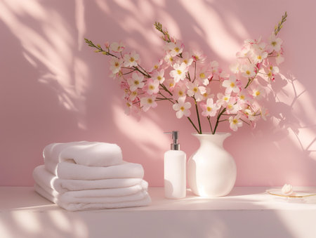 A serene bathroom scene with folded white towels, a soap dispenser, and a vase of pink flowers against a soft pink backgroundの素材