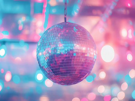 A reflective disco ball hangs amidst vibrant pink and blue bokeh lights, creating a festive atmosphereの素材