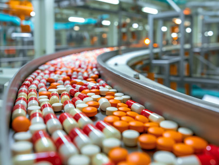 A conveyor belt in a pharmaceutical factory transports various pills and capsules, including red and white capsules and orange tabletsの素材