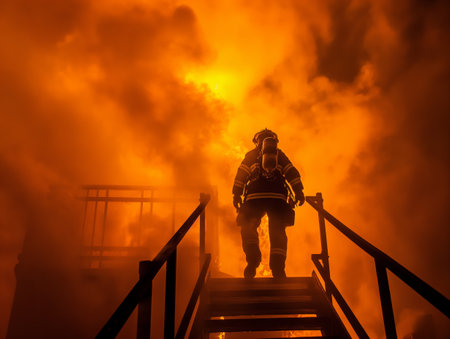 A firefighter in full gear ascends metal stairs towards a massive, fiery blaze, surrounded by thick smokeの素材
