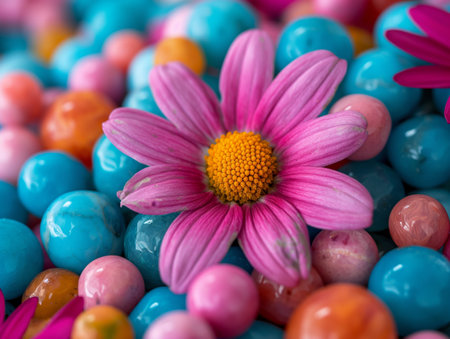 A vibrant pink flower with a yellow center rests on a bed of colorful marbles in shades of blue, pink, and orangeの素材