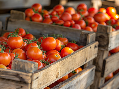 Wooden crates filled with ripe, red tomatoes are stacked, showcasing their vibrant color and freshnessの素材