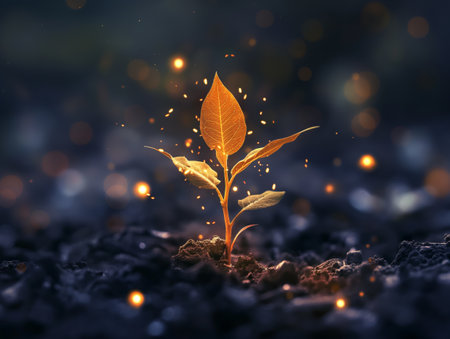 A small plant with glowing leaves emerges from dark soil, surrounded by ethereal light particlesの素材