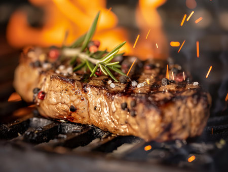 A juicy steak sizzling on a grill, garnished with rosemary and peppercorns, with flames and sparks in the backgroundの素材