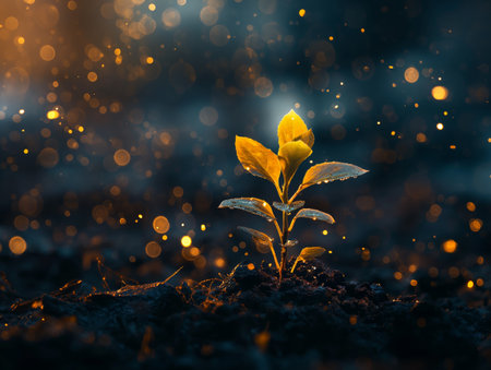 A small plant with yellow leaves grows in dark soil, illuminated by warm, glowing light and surrounded by bokehの素材