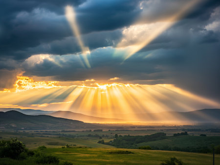 Sunbeams pierce through dark clouds, illuminating a serene landscape of rolling hills and fields at sunsetの素材