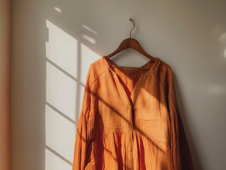 An orange shirt hangs on a wooden hanger against a wall, bathed in soft sunlight casting window shadowsの素材