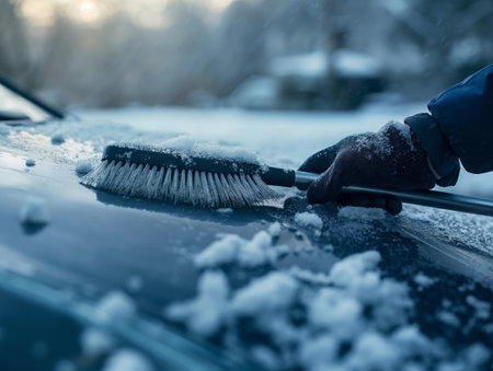 A gloved hand uses a brush to clear snow from a cars windshield on a cold, snowy dayの素材