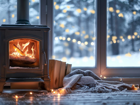 A warm fire burns in a stove beside a stack of books and a knitted blanket, with snow and lights outsideの素材