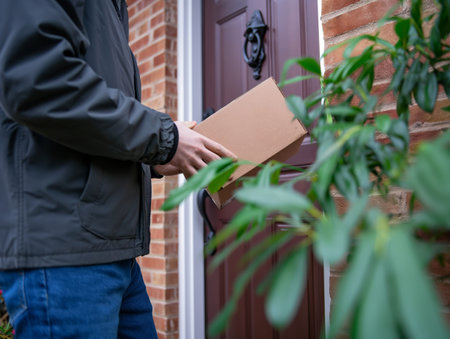 A person in a black jacket and blue jeans delivers a brown package to a red front door of a brick houseの素材