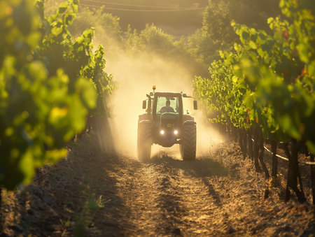 A tractor drives through a vineyard at sunset, kicking up dust The sun casts a golden glow on the lush green grapevinesの素材