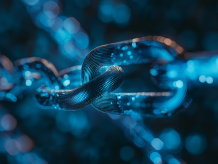 A detailed close-up of a glowing blue chain link with a bokeh background, highlighting its texture and luminescenceの素材