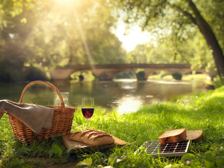 A tranquil picnic scene by a river with a basket, wine, bread, and a bridge in the background, bathed in sunlightの素材