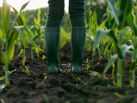 A person wearing green boots walks through a lush cornfield, with young corn plants growing in dark, rich soilの素材