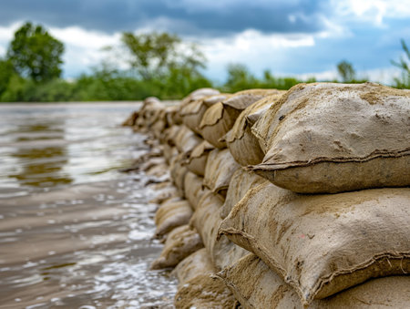 A close-up of stacked sandbags forming a barrier along a flooded riverbank, with trees and a cloudy sky in the backgroundの素材