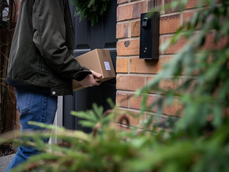 A person in a green jacket and blue jeans delivers a brown package to a front door with a brick wall and doorbell cameraの素材