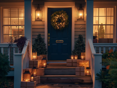 A warmly lit porch with a blue door adorned with a wreath, surrounded by candles and gift boxesの素材