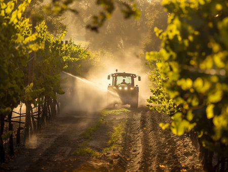 A tractor sprays a vineyard at sunset, creating a misty atmosphere The golden light filters through the leaves, highlighting the lush green vinesの素材