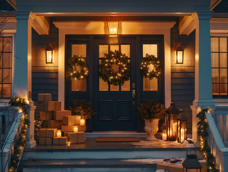 A cozy front porch adorned with lit wreaths, lanterns, and stacked gift boxes, creating a warm holiday ambianceの素材