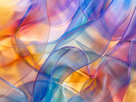 A vibrant abstract image featuring flowing, translucent waves in shades of blue, purple, orange, and yellowの素材