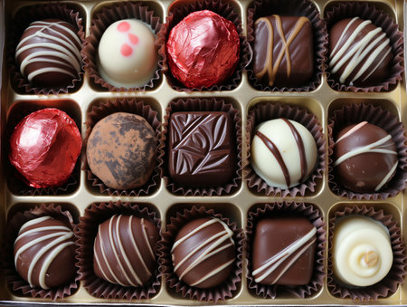 A box of assorted gourmet chocolates, each with unique designs and wrappings, arranged in a gold trayの素材