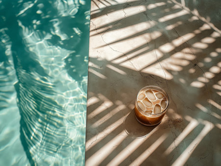 A glass of iced coffee sits on a sunlit, cracked concrete surface, casting shadows near a turquoise poolの素材