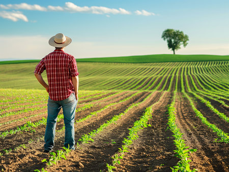A farmer in a straw hat and red plaid shirt stands in a field of young crops, gazing at the horizonの素材