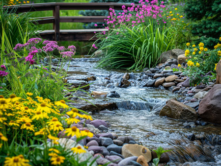 A tranquil garden stream flows under a wooden bridge, surrounded by vibrant flowers and lush greeneryの素材
