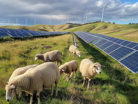 Sheep graze on green grass near solar panels and wind turbines on rolling hills under a cloudy skyの素材