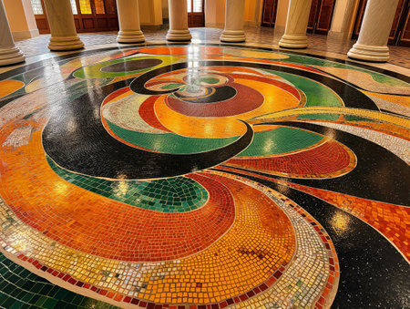 A vibrant mosaic floor with swirling patterns of orange, green, black, and yellow tiles, surrounded by marble columns in a grand hallの素材