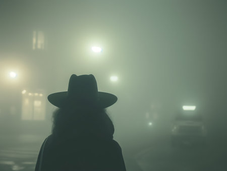 A person wearing a hat stands in a foggy street at night, illuminated by streetlights and distant car lightsの素材