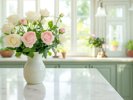 A white vase filled with pink and white roses sits on a marble countertop in a bright, sunlit kitchenの素材