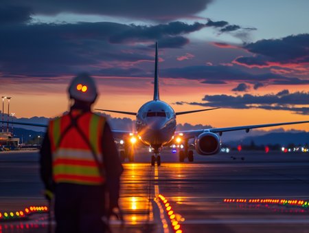 An airplane taxis on a runway at sunset, guided by a worker in a reflective vest and helmet The sky is painted with vibrant colorsの素材