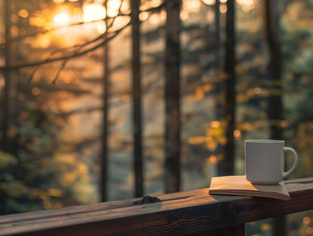 A white coffee mug rests on a book on a wooden railing, with a sunlit forest in the backgroundの素材