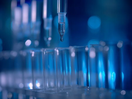 A close-up of a droplet falling from a pipette into a row of clear test tubes, set against a blue backgroundの素材