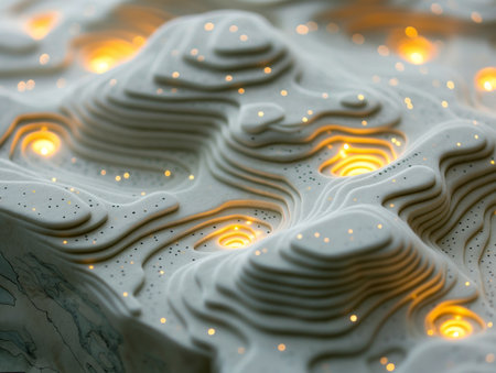 A detailed topographic model with layered contours and glowing lights, resembling a futuristic landscapeの素材