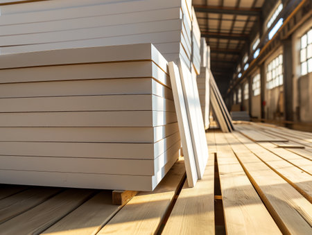 Neatly stacked white boards are illuminated by sunlight streaming through the windows of a spacious warehouseの素材