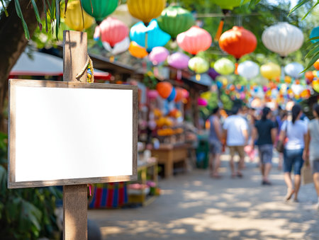 A blank wooden signboard stands in the foreground of a vibrant outdoor market with colorful lanterns and people in the backgroundの素材