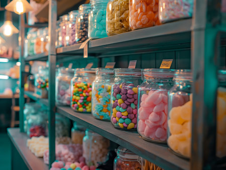 Glass jars filled with various colorful candies are neatly arranged on wooden shelves in a cozy, warmly lit shopの素材