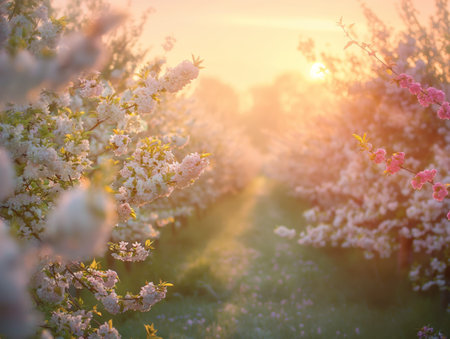 A serene orchard in full bloom with white and pink flowers, bathed in the warm glow of a setting sunの素材