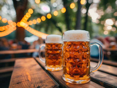 Two frothy beer mugs sit on a wooden table, with warm string lights and a blurred crowd in the backgroundの素材