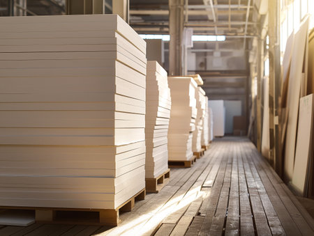 Neatly stacked white boards on wooden pallets in a spacious, sunlit warehouse with wooden flooringの素材