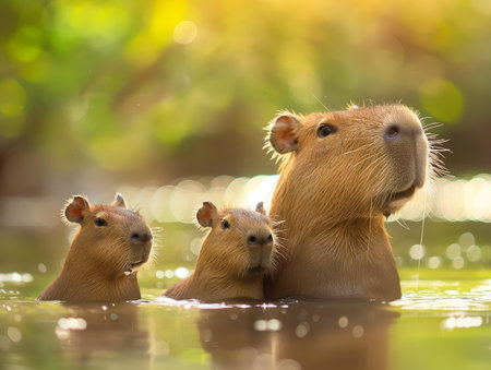 A capybara family, with one adult and two young, is partially submerged in water, surrounded by a sunlit, bokeh-filled backgroundの素材