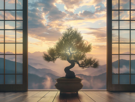 A bonsai tree sits in front of large windows, framing a stunning mountain view at sunset The sky is painted with warm hues, and clouds float above the serene landscapeの素材