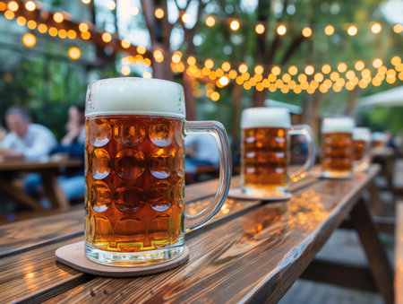 A row of frothy beer mugs on a wooden table in an outdoor beer garden, adorned with string lightsの素材