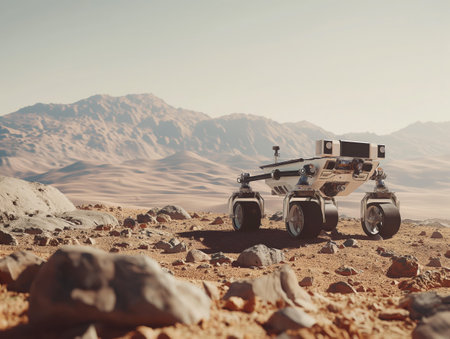 A Mars rover navigates a rocky, barren Martian landscape with distant mountains under a clear skyの素材