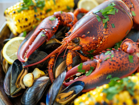 A vibrant seafood platter featuring a cooked lobster, mussels, corn on the cob, lemon slices, and garnished with fresh herbsの素材