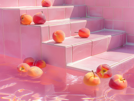 Fresh peaches scattered on glossy pink-tiled steps, some floating in a pink-tinted poolの素材